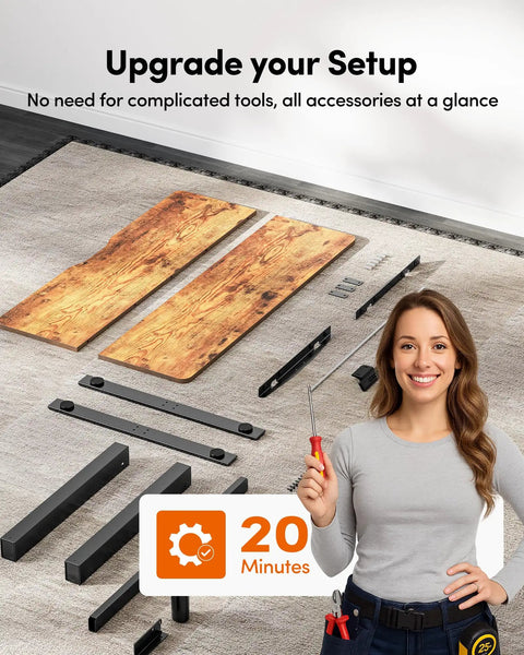 Electric Height Adjustable Standing Desk 48 By 24 Inches rustic brown components with tools for setup, smiling woman holding screwdriver.