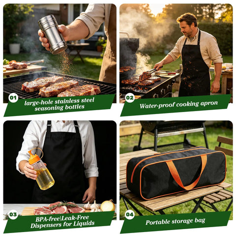 Ultimate 120 Piece Griddle Accessories Kit with stainless steel seasoning bottles, waterproof apron, liquid dispenser, storage bag