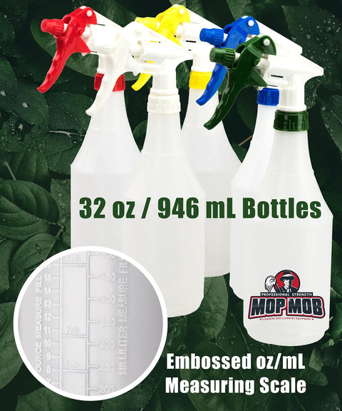 Skip The Flimsy Jugs And Load Up On These Chemical Resistant Spray Bottles 32 Oz Five Pack Heavy Duty Industrial Trigger Sprayer For Auto Detailing And Professional Cleaning, featuring four trigger sprayers and measuring scale.