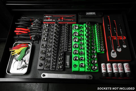Magnetic Socket Organizer Set For Metric And SAE Drives With Quarter Inch And Three Eighths Inch And Half Inch Holders in toolbox