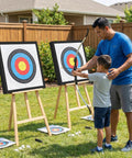 Child practicing archery with High Density EVA 20 Inch Archery Target Set for Backyard Practice with 10 Target Papers 8 Target Pins