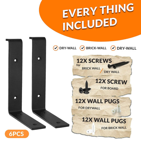 Six Pack 8 Inch Z Shelf Brackets With Lip for 7.25 Inch Boards, wall plugs and screws included, heavy duty black metal brackets