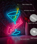 Neon Bar Sign For Home Bar And Man Cave, Dimmer USB Powered 5V Light With Flexible Silicon LED Strip On Clear Acrylic Board, 16x12 Inches, illuminating on wall with cocktails design.