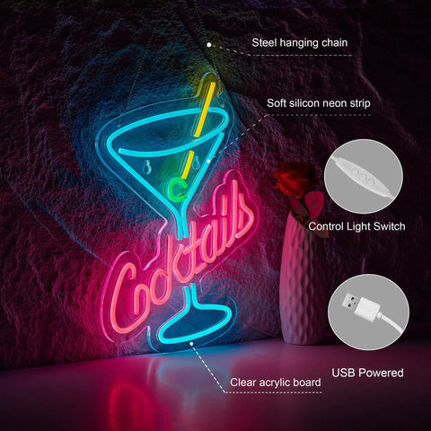 Neon Bar Sign For Home Bar And Man Cave, Dimmer USB Powered 5V Light With Flexible Silicon LED Strip On Clear Acrylic Board, 16x12 Inches, illuminating on wall with cocktails design.