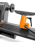 Beefy Variable Speed Benchtop Wood Lathe With A Knockout Six Amp Motor And Wide Open 14 By 20 Inch Swing Capacity For Slick Bowl Turning and visible tool rest.