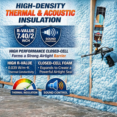 Heavy Duty Closed Cell Spray Foam Insulation Kit, 12 Pack Covers 240 Board Feet with R-value and sound dampening feature.