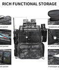 All In One Fishing Tackle Backpack With Rod Holders, Bottle Holder And Storage Bag, 42L Water Resistant Gear Pack, pockets shown