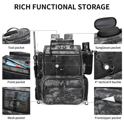 All In One Fishing Tackle Backpack With Rod Holders, Bottle Holder And Storage Bag, 42L Water Resistant Gear Pack, pockets shown