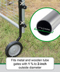 Tall Gate Wheel That Stops Gate Sag No Fuss And Lets Your Gate Swing Smoothly Every Time, Fits Round Tube Gates From One To Two Inches, Multicolor Durable Gate Accessory For DIY Installations P GWT, shown in use on a 1.5-inch tube gate.