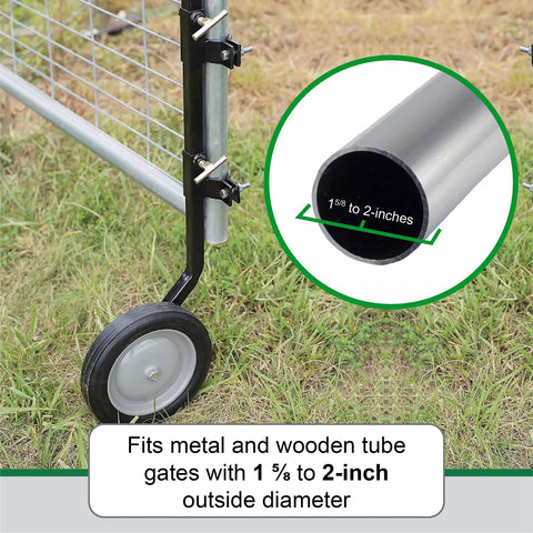 Tall Gate Wheel That Stops Gate Sag No Fuss And Lets Your Gate Swing Smoothly Every Time, Fits Round Tube Gates From One To Two Inches, Multicolor Durable Gate Accessory For DIY Installations P GWT, shown in use on a 1.5-inch tube gate.