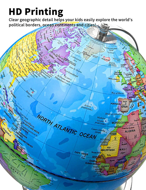 9-inch Illuminated World Globe With Stable Metal Base For Kid Friendly Classrooms And Kids, HD printed map detail