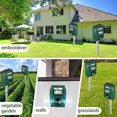 Solar Ultrasonic Animal Repellent For Outdoor Use With Dual Sonic Pulse And Flashing LED Defense, 2-pack solar stakes in yard and garden