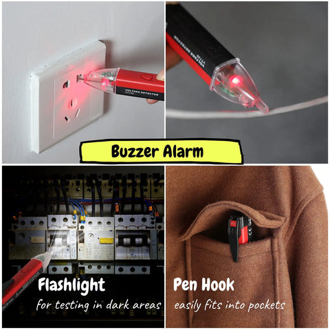 Non Contact AC Voltage Detector Pen For Quick Cable And Socket Voltage Checks Lightweight Electric Tester Tool in use and stored.