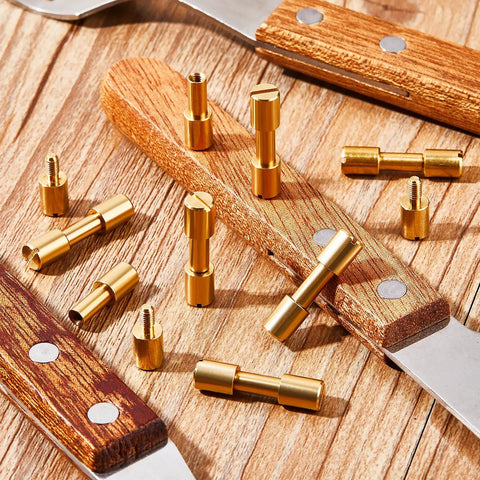 Beefy Brass Bolt Fasteners Set, 20 Pieces, 6 mm Head Diameter Blind Rivets For Knife Making And EDC Handle Pins displayed on wood.
