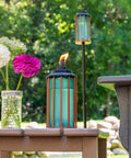 Retro Stripe Glass Torches 2 Pack 65 Inch Outdoor Patio Garden Torches Easy Install With Refillable Canisters Long Lasting Wicks Snuffer Blue And Copper