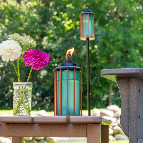 Retro Stripe Glass Torches 2 Pack 65 Inch Outdoor Patio Garden Torches Easy Install With Refillable Canisters Long Lasting Wicks Snuffer Blue And Copper