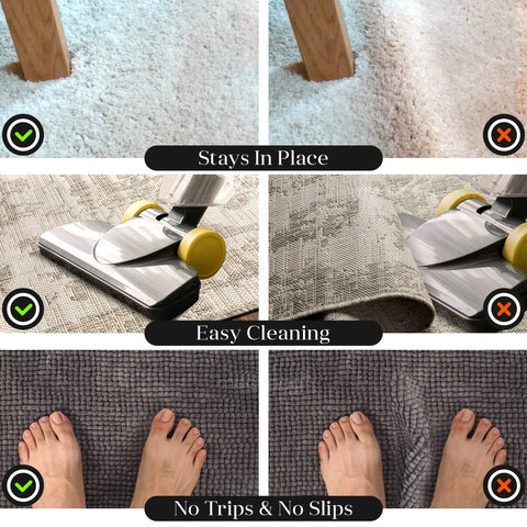 Comparison of carpets with and without 8 Pack Non Slip Rug Grips For Mats And Rugs Self Adhesive Pad Strips in use.