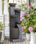 51.4 Inch Outdoor Water Fountain With Five Tier Showstopper Cascading Water Feature For Garden Patio Backyard Deck Porch And Home Art Decor With Lights And Pump Included, weatherproof resin, natural stone look, installed on porch