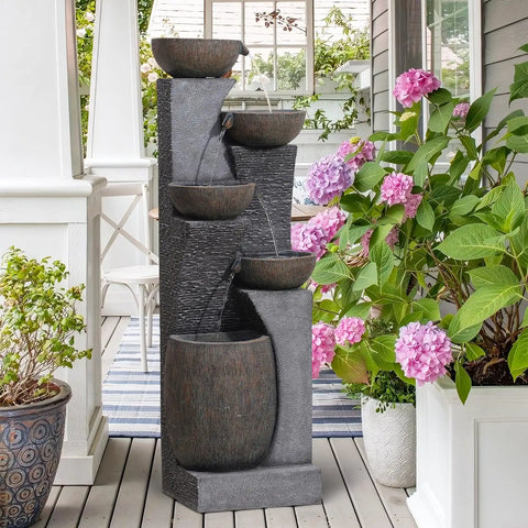51.4 Inch Outdoor Water Fountain With Five Tier Showstopper Cascading Water Feature For Garden Patio Backyard Deck Porch And Home Art Decor With Lights And Pump Included, weatherproof resin, natural stone look, installed on porch