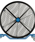 Hardcore 8 Foot Mobile Industrial Cooling Barrel Fan With Six Aluminum Blades And Variable Speed EC Motor, featuring durable blue frame.