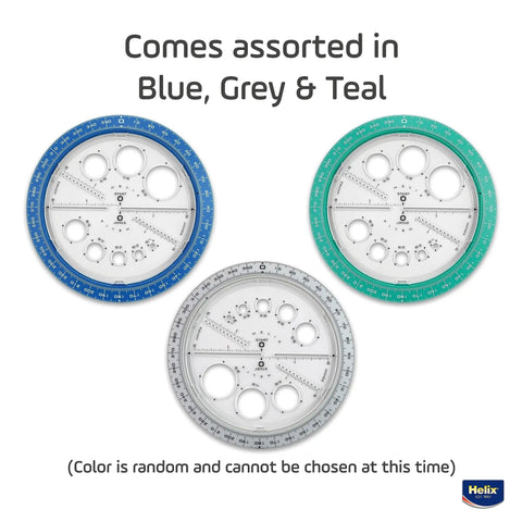 All-In-One Angle And Circle Maker With Integrated Circle Templates And 360 Degree Rotation, 6 Inch And 15 Cm Size, Beveled Edges, Slot Guides, Inside Rotating Disk, Assorted Colors, Protractor And Compass Hybrid Tool in blue, grey, teal