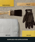 Supplies for using Water Based Crystal Clear Ultimate Polyurethane: brush, sandpaper, stir stick, glove, drop cloth, tack cloth.