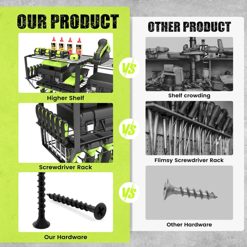 Comparison of Heavy Duty Wall Mounted Power Tool Organizer With 3 Tier Iron Garage Rack And 10 Drill Slots vs traditional shelves