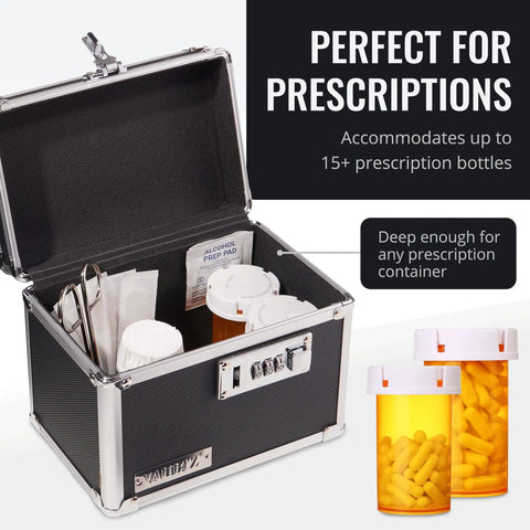 Open heavy duty combination lock box for documents and valuables with safe storage for cash, meds, and personal gear.