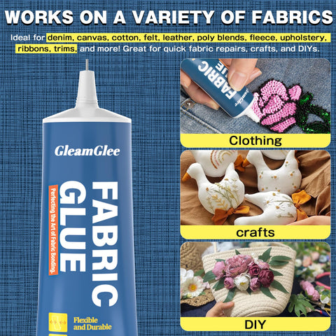 Clear Heavy Duty Fabric Glue For Clothes And Crafts, extra strong adhesive used on denim, crafts, and DIY projects, 1.76 oz tube.