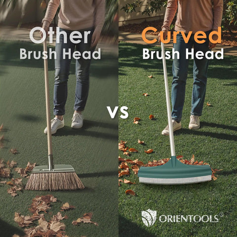 Comparison of Telescopic Four Section Handle Turf Rake With Curved Head for Artificial Turf next to traditional rake on lawn