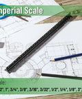 12 Inch Black Architectural Scale Ruler Triangular Aluminum Carpenter Tool with imperial marks on architectural blueprint