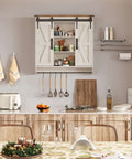 Farmhouse Style Medicine Cabinet With 2 Sliding Barn Doors, wall-mounted above kitchen counter, holding various kitchen essentials.