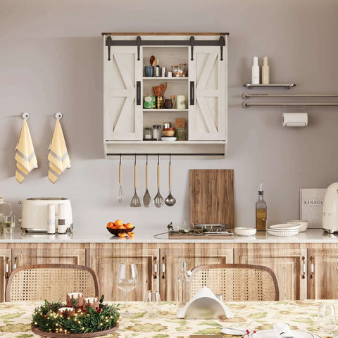 Farmhouse Style Medicine Cabinet With 2 Sliding Barn Doors, wall-mounted above kitchen counter, holding various kitchen essentials.