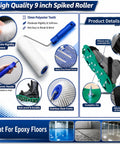 Spiked Roller Kit For Self Leveling Compound And Epoxy Floors with protective shoes, dotted gloves, and epoxy floor examples.