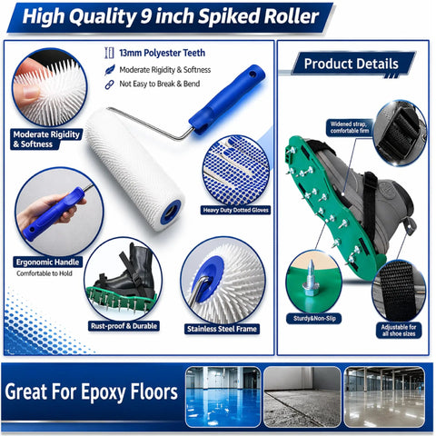Spiked Roller Kit For Self Leveling Compound And Epoxy Floors with protective shoes, dotted gloves, and epoxy floor examples.