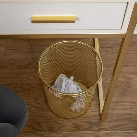 Ryder Gold Mesh Metal Trash Can 4.5 Gallon Office Wastebasket With Non Slip Feet under desk on wooden floor
