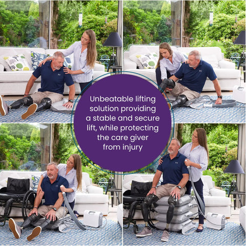 Portable Inflatable Cushion Lift For Seniors And Mobility Support Quick Inflate Air Seat Pad For Fall Recovery and Stand Up Assist, shown in use with caregiver.