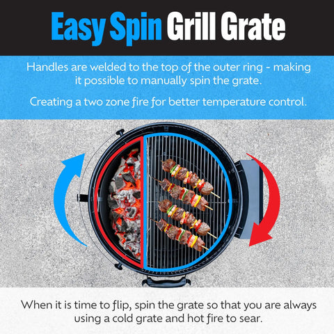 Top view of EasySpin 304 Stainless Steel Charcoal Grill Cooking Grate For 22 Inch Kettles With Large Hinged Opening Great For Two Zone Grillin