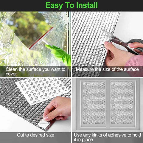 Installation steps for Double Bubble Reflective Insulation Roll 23.6 Inch By 10 Ft Aluminum Foil Wrap on window surface.