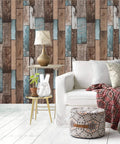 Wood Look Grain Plank Peel And Stick Wallpaper 393 Inches Long By 17.7 Inches Wide Self Adhesive And Removable Rustic Vintage Faux Vinyl Roll on an accent wall in a cozy living room setting.