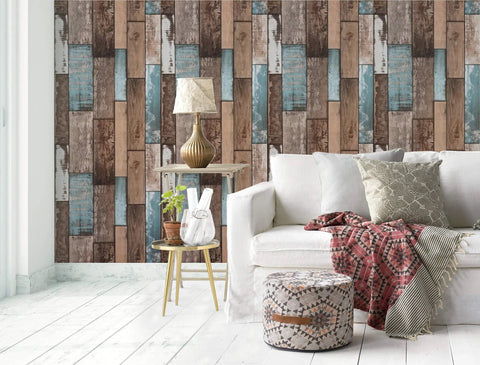 Wood Look Grain Plank Peel And Stick Wallpaper 393 Inches Long By 17.7 Inches Wide Self Adhesive And Removable Rustic Vintage Faux Vinyl Roll on an accent wall in a cozy living room setting.