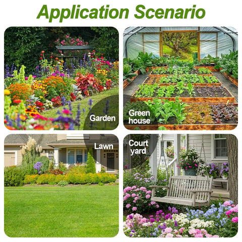 Application scenarios showing garden, greenhouse, lawn, and courtyard for 12 Piece Quick Connect Drip Irrigation Shut Off Valve Fittings