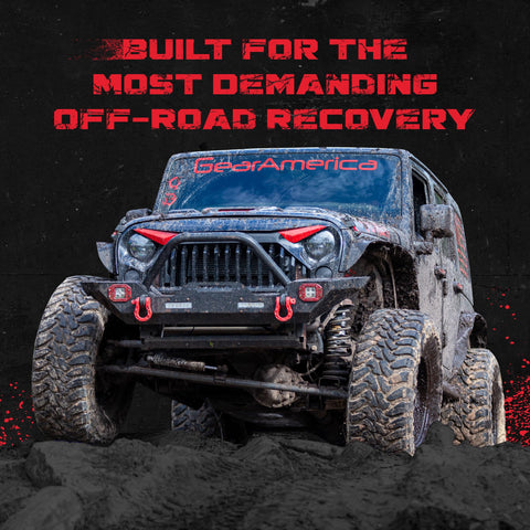Jeep on rocky terrain with Beefy Off Road Recovery Shackles With Anti Theft Lock 80k Lbs Strength 40 Tons For Tow Strap in red