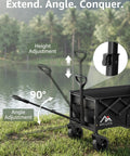 Collapsible Wagon Cart With Wheels Heavy Duty Folding Wagon For Groceries Shopping Outdoor Portable 250 Lb Capacity Trolley Black One Hand Quick Fold positioned next to a lake, showing handle adjustments.