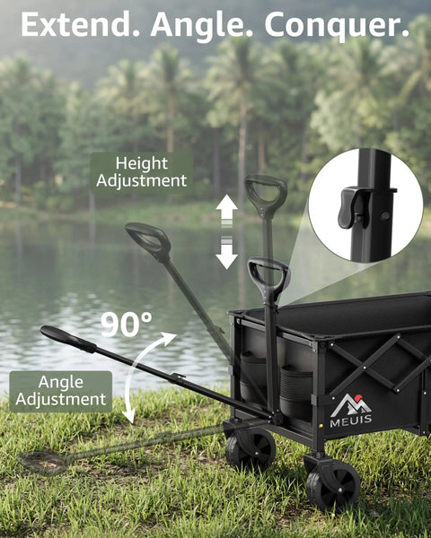 Collapsible Wagon Cart With Wheels Heavy Duty Folding Wagon For Groceries Shopping Outdoor Portable 250 Lb Capacity Trolley Black One Hand Quick Fold positioned next to a lake, showing handle adjustments.
