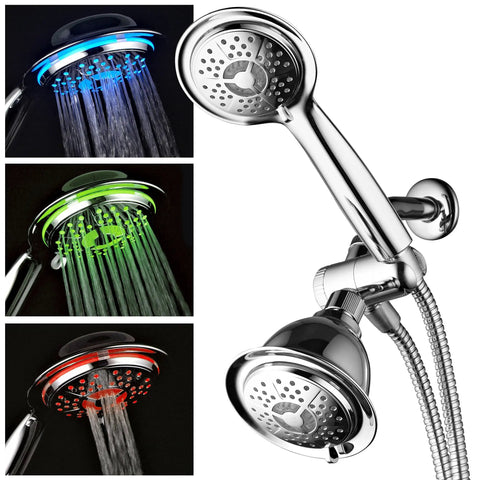 All Chrome 3 Way LED Shower Head And Handheld Combo With Air Jet Turbo Pressure Boost Nozzles Color Changing LEDs Reacting To Water Temperature Powered By Running Water No Batteries Needed Use Heads Separately Or Together For Maximum Shower Power