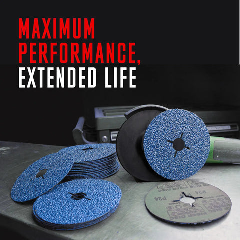 Zirconia Resin Fiber Sanding And Grinding Discs For Angle Grinder 5 Inch By 7 Eighths Inch 24 Grit 25 Pack on metal surface