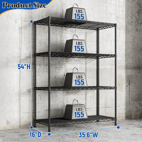 Beefy Heavy Duty 4 Tier Storage Rack With Adjustable Shelves In Black Strong Steel Garage Shelving Unit Holds Up To 620 Lbs Total, 35.6"W x 16"D x 54"H