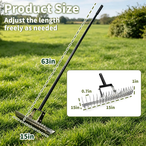 Heavy-Duty Dethatching Rake For Lawns 15 Inch With 19-Tine Steel Head, Adjustable Head And Long Handle on grass