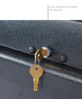 Close-up of lock and key on Vista XL Rear-Opening Cargo Box Black 18 Cu Ft UV-Resistant ABS Roof Rack Storage Tool-Free Mounting